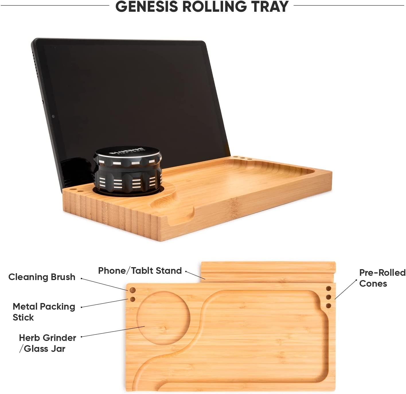 BlueBus GENESIS Stash Box Rolling Tray Bundle Rolling Tray Set Rolling Tray  Kit - Bamboo Stash Box