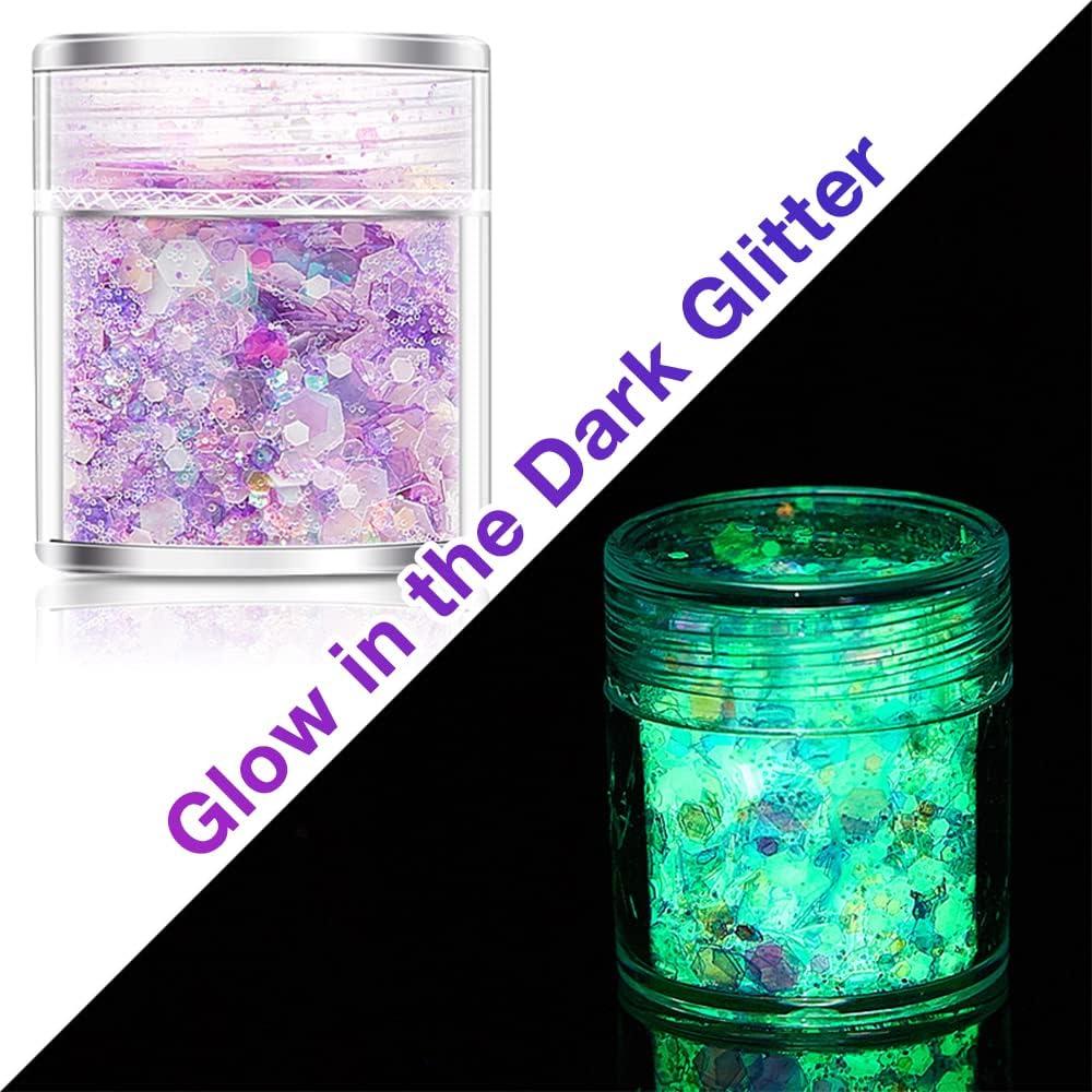 Glow in The Dark Face Body Glitter 18 Colors Luminous Glitter Set with Glue  Holographic Chunky Glitter for Eye Nail Art Long Lasting Sparkling Cosmetic  Makeup Glitter for Halloween Festival Cranivals