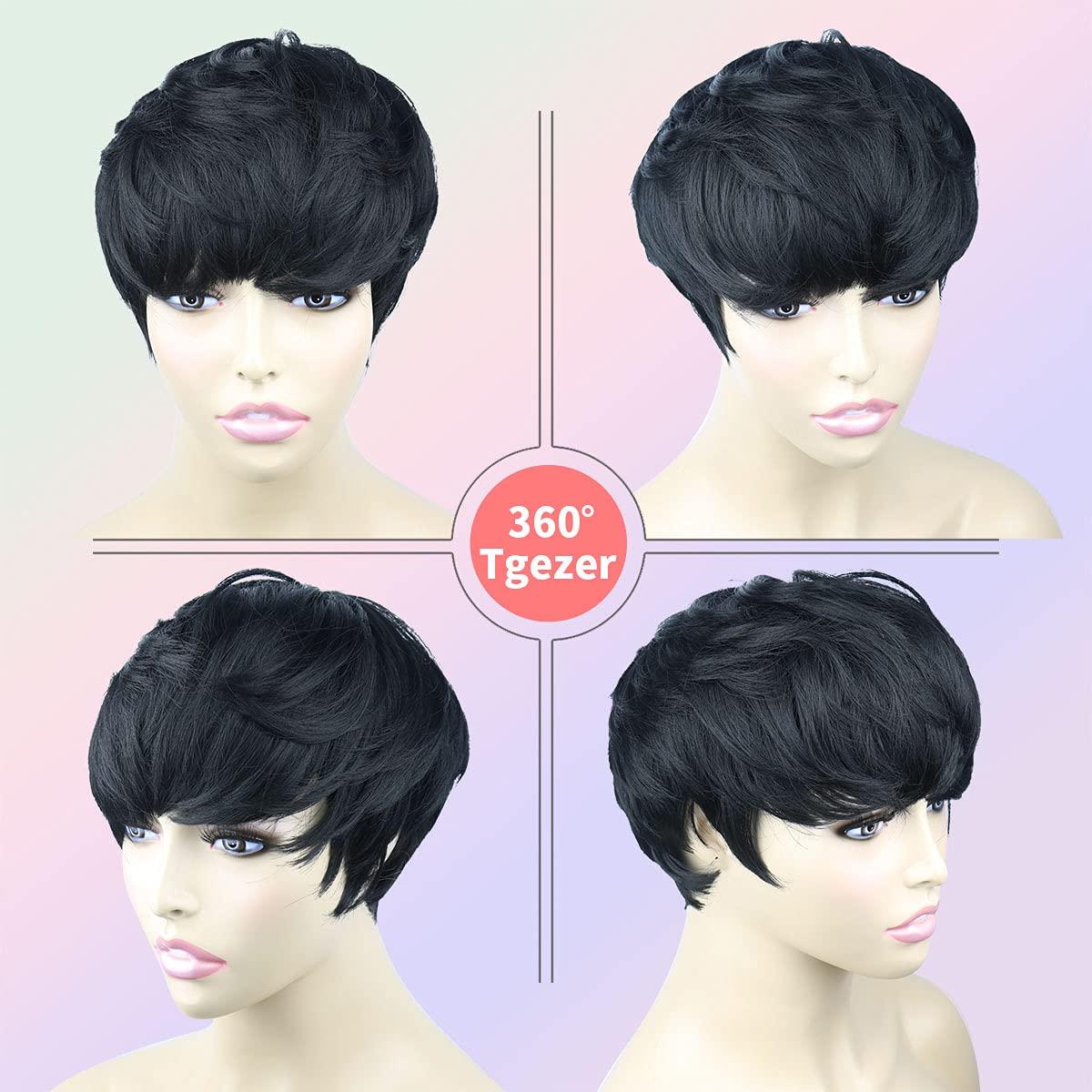 Short Hair Pixie Cut Wig with Bangs - Natural Black Women's