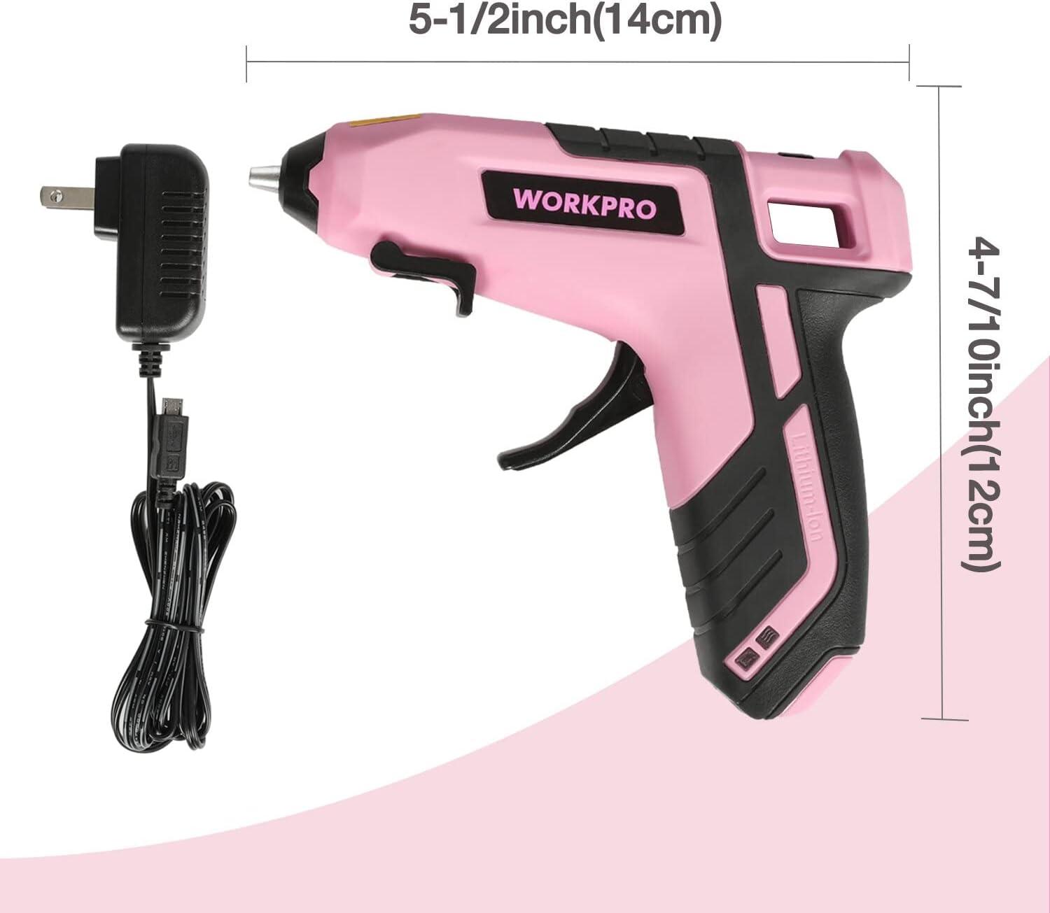 WORKPRO Cordless Hot Melt Glue Gun, Rechargeable Fast Preheating PINK