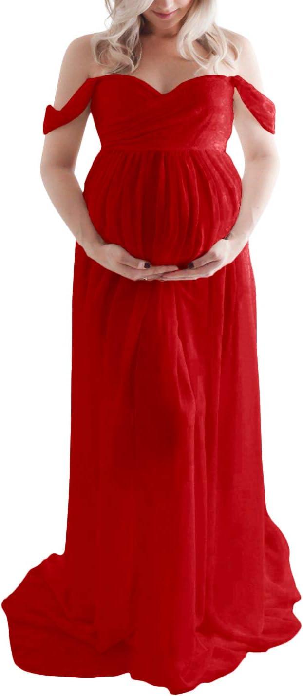 H1ING Off Shoulder Chiffon Maternity Dress for Photography | Red Maxi Pregnancy  Gown with Front Split | Maternity Shoot Outfit for Photoshoot | Buy Now  with Express International Delivery | GoSupps.com