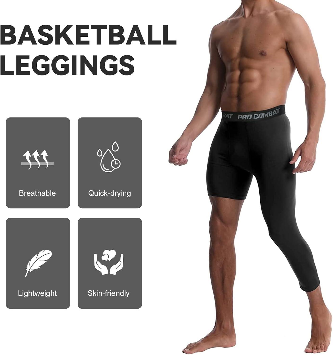 3 Pack Men's Compression Pants Single Leg 3/4 Basketball Tights Leggings  Athletic Running Tights One Leg Base Layer Underwear White Small