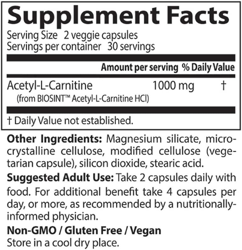 Doctor's Best Acetyl-L-Carnitine 500 mg - 60 Veggie Caps | Supports Energy  & Brain Health | Buy Now with Express International Delivery