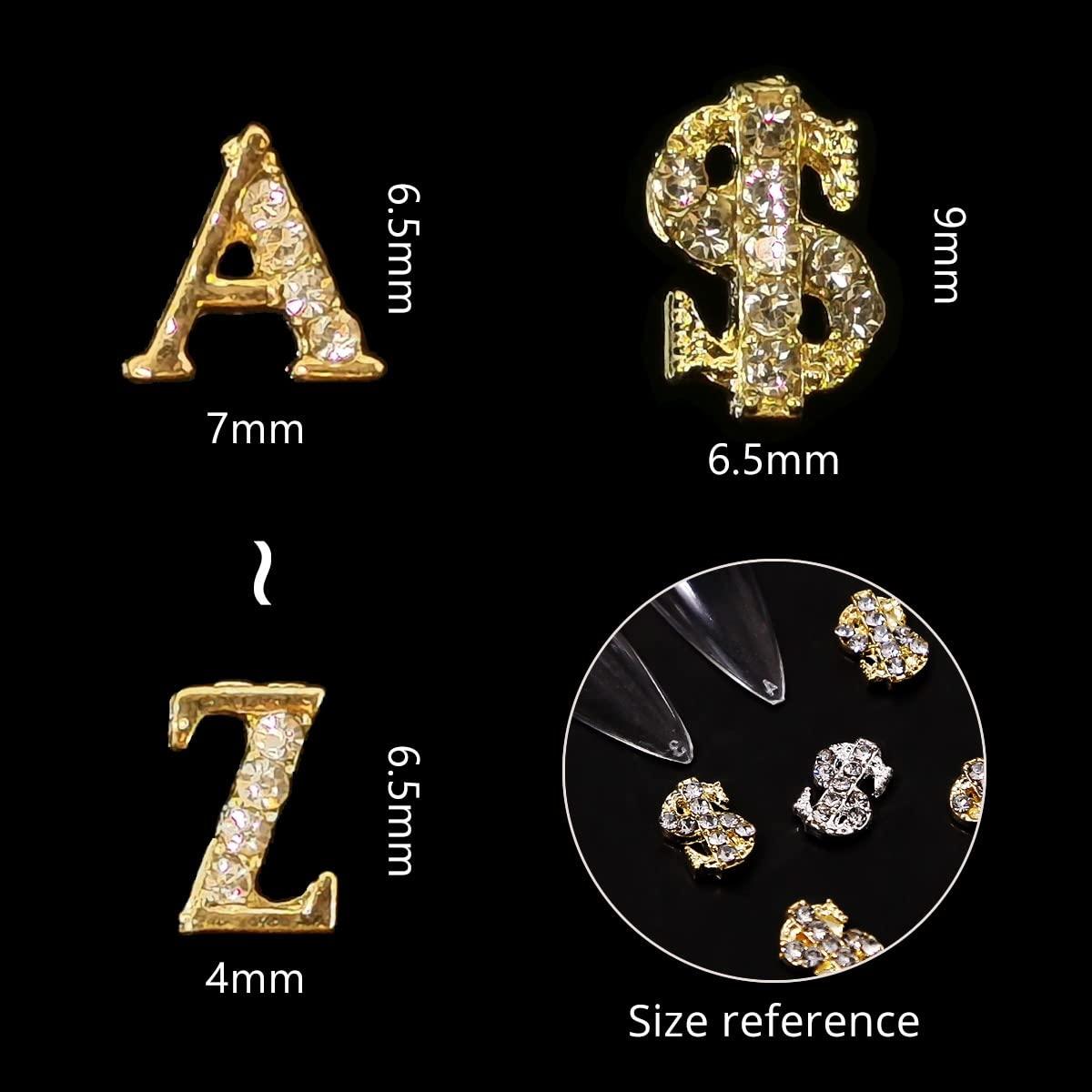 52 Pcs 3D Metal Nail Studs Decoration Glitter Gold Capital English Letters  and Rhinestone Combination Set DIY Designs Supplies for Women