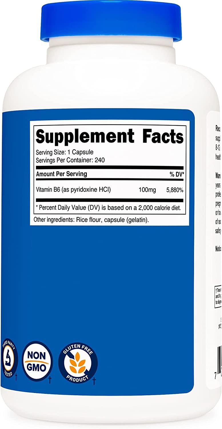 Nutricost Vitamin B6 (Pyridoxine HCl) 100mg - 240 Capsules | High ...