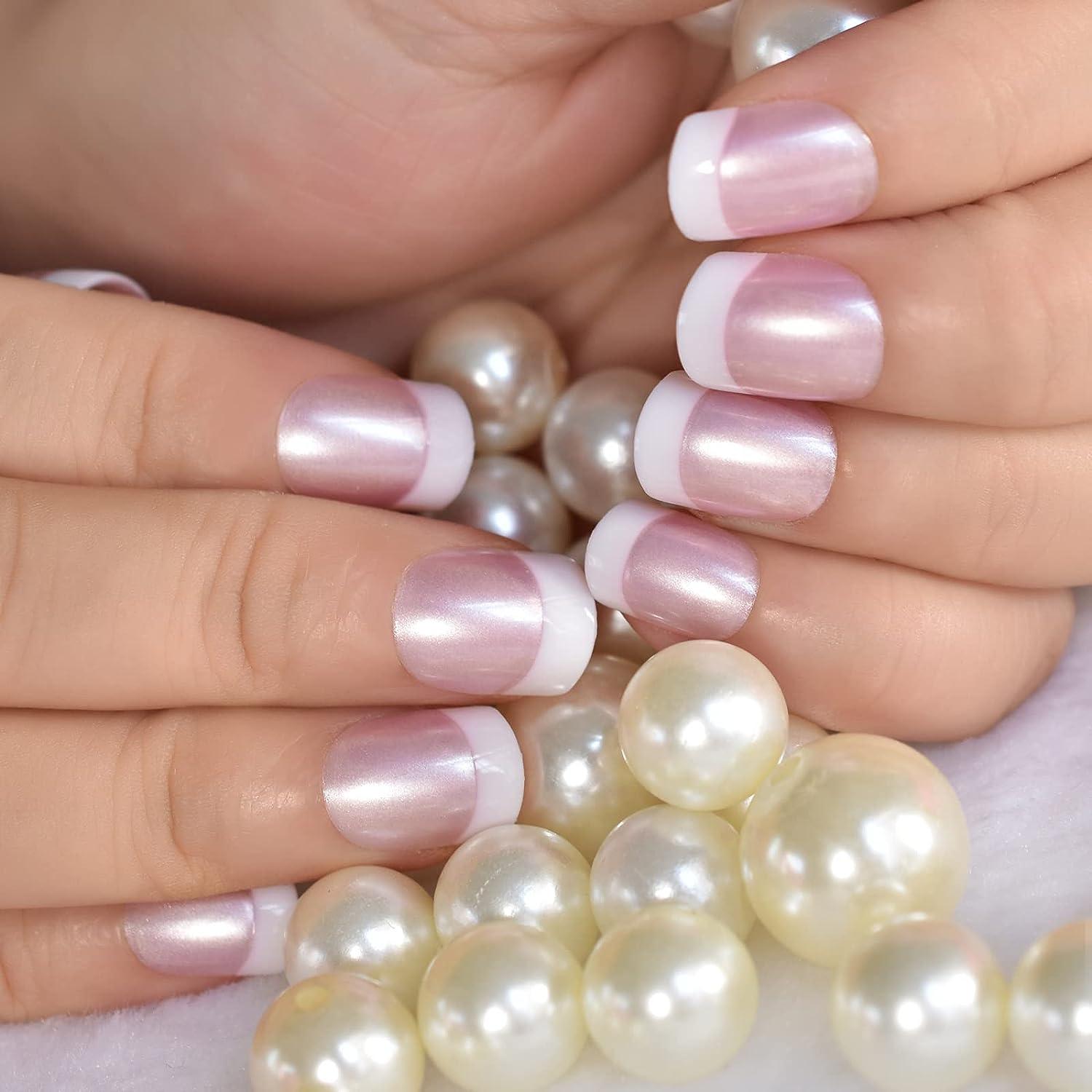 Amazon.com: Pretty Pearl Pink White Gradient Press On Nails Glossy Medium  Length Square French False Nails Women Girls Nail Reusable Fingernails  Datechable Acrylic Manicure For Daily Dating Office Home Party : Beauty