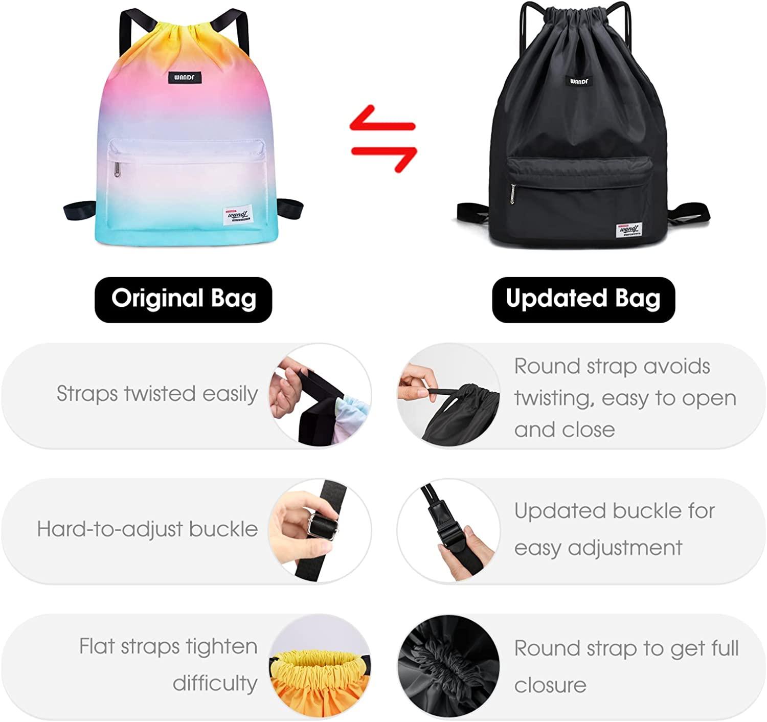 WANDF Drawstring Backpack with Shoe Pocket, String Bag Sackpack Cinch Water Resistant Nylon for Gym Shopping Sport Yoga Black