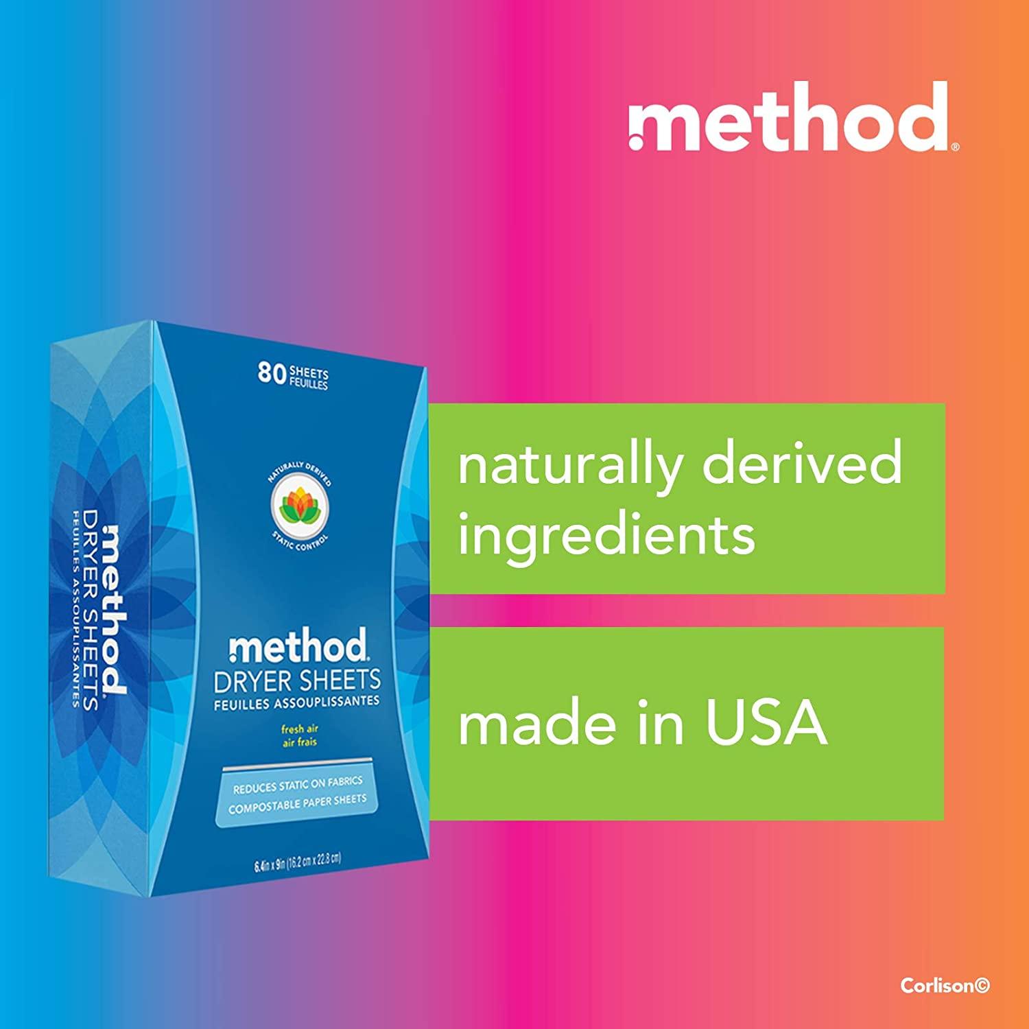 Method Dryer Sheets, Fresh Air, 80 Sheets, 1 pack, Packaging May Vary
