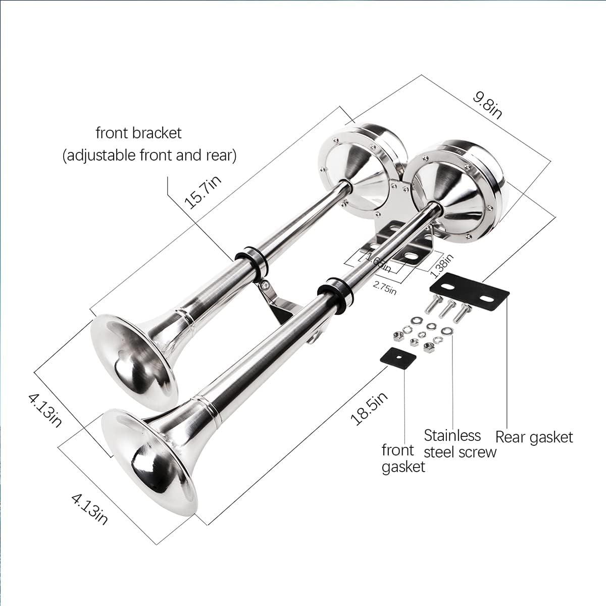 12V Marine Boat Trumpet Horns Polished Stainless Steel, Low and High Tone, Adjustable Support