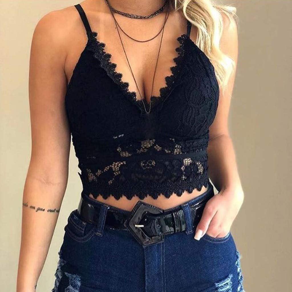 Women's Sexy Lace Crop Vest Tops for Summer Fashion Cami Vest Short Tank  Blouse Solid Sleeveless Bra Lingerie 05-black X-Large