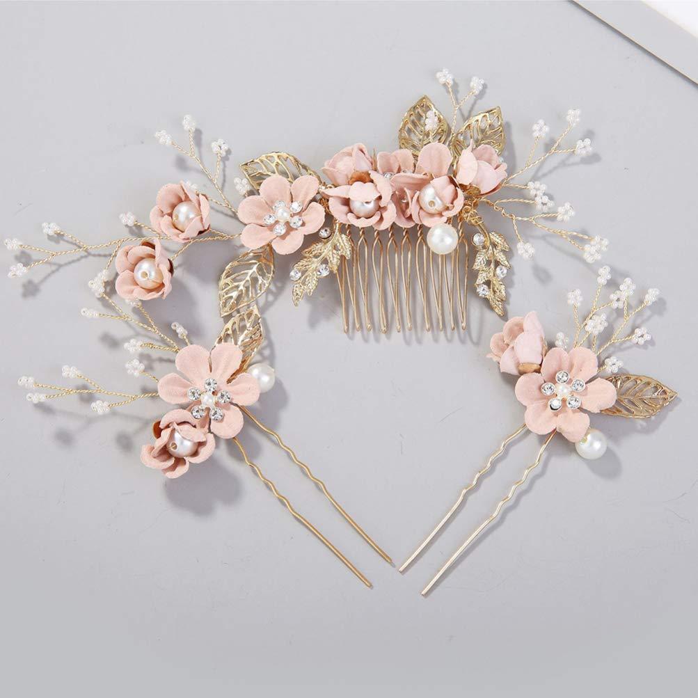 LolaWhiteShop Pink Blush Flower Pins, Wedding Hair Pins, Flower Hair Clip, Bridal Hair Pins for Bride or Bridesmaid, Baby's Breath Hair Comb