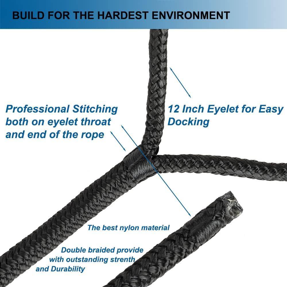 MARINE SYSTEM Double Braided Nylon Dock Lines Rope 1/2 Inch x 15 FT Dock  Line with 12 Inch Eyelet for Mooring Boats Black (4 Pack)