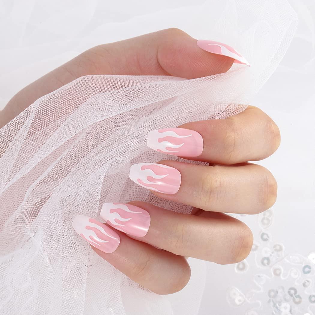 Bmirth Flame Glossy Press on Nails Long White Fake Nails Coffin False