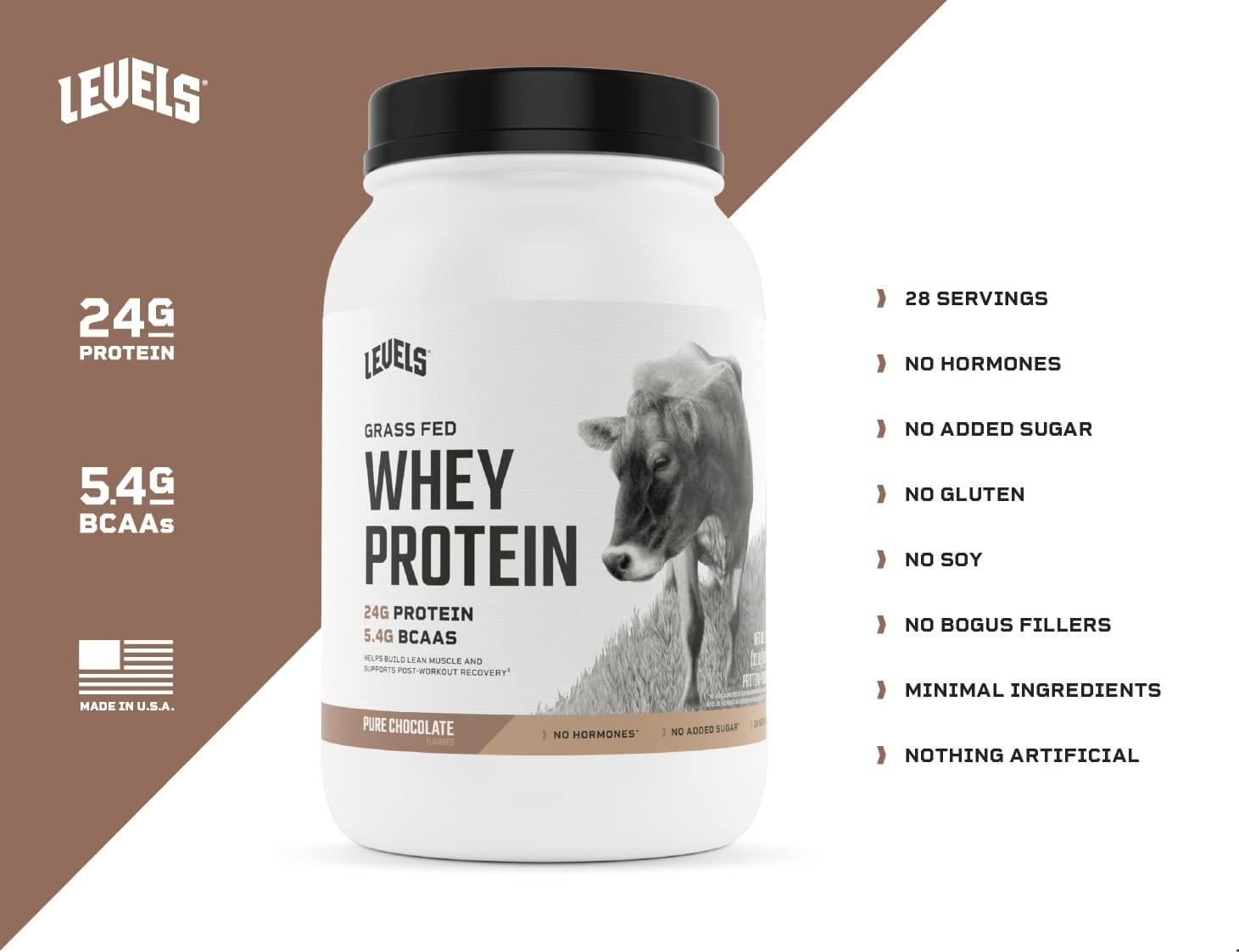 Levels Grass Fed Whey Protein 100 Pure Chocolate, No GMOs, 2LB