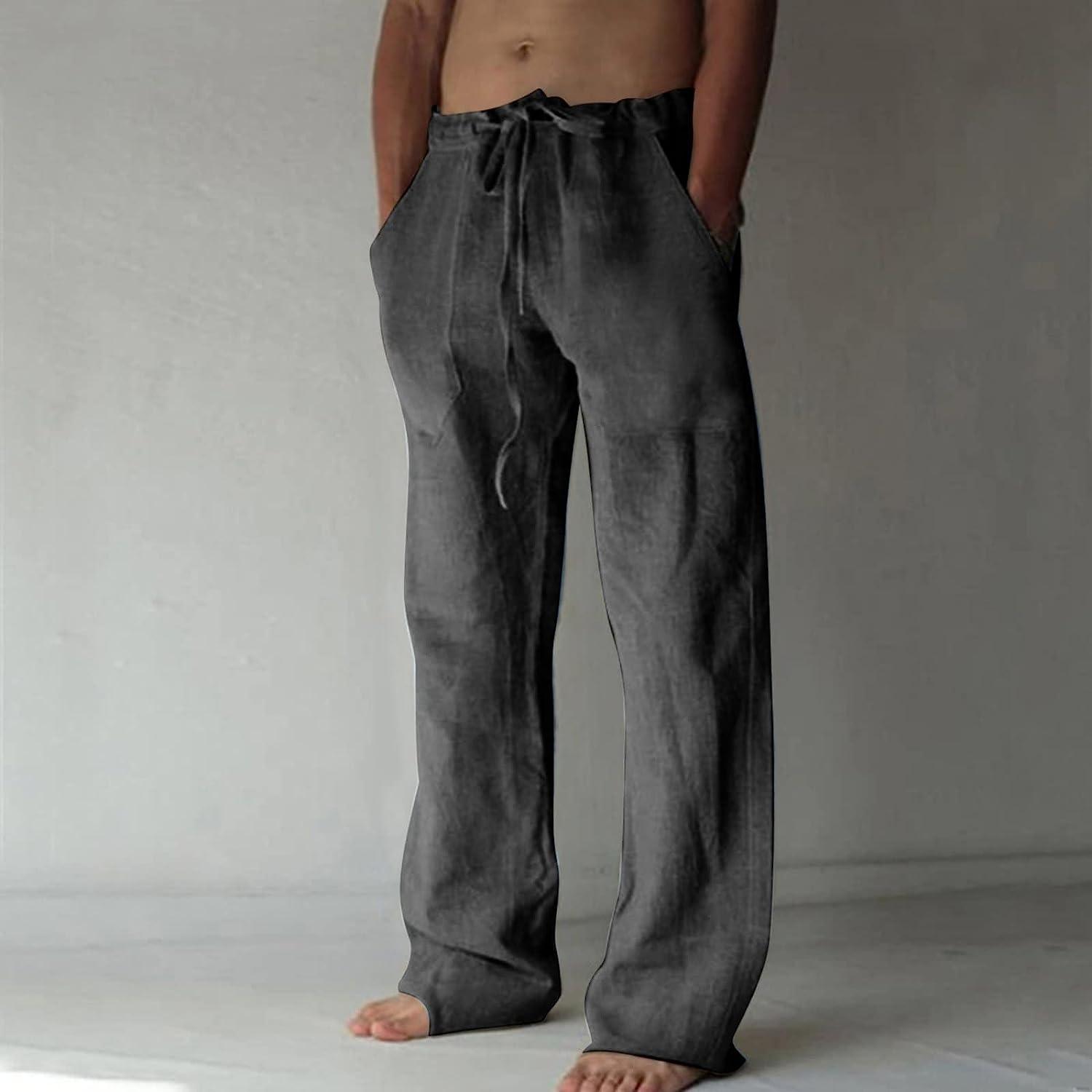Dgoopd Men's Cotton Linen Pants Casual Elastic Waist Drawstring