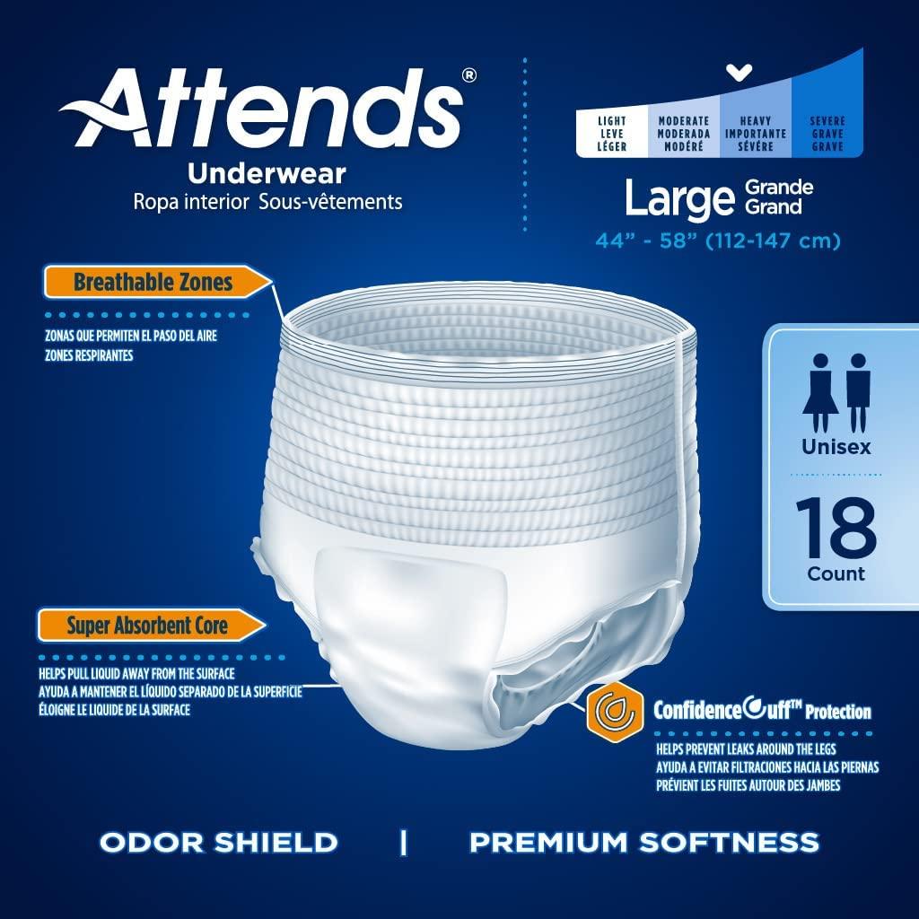Attends Protective Underwear with DermaDry Technology for Adult  Incontinence Care, Unisex, Large, White, 72 Count, Pack of 4 Large (Pack of  72) White