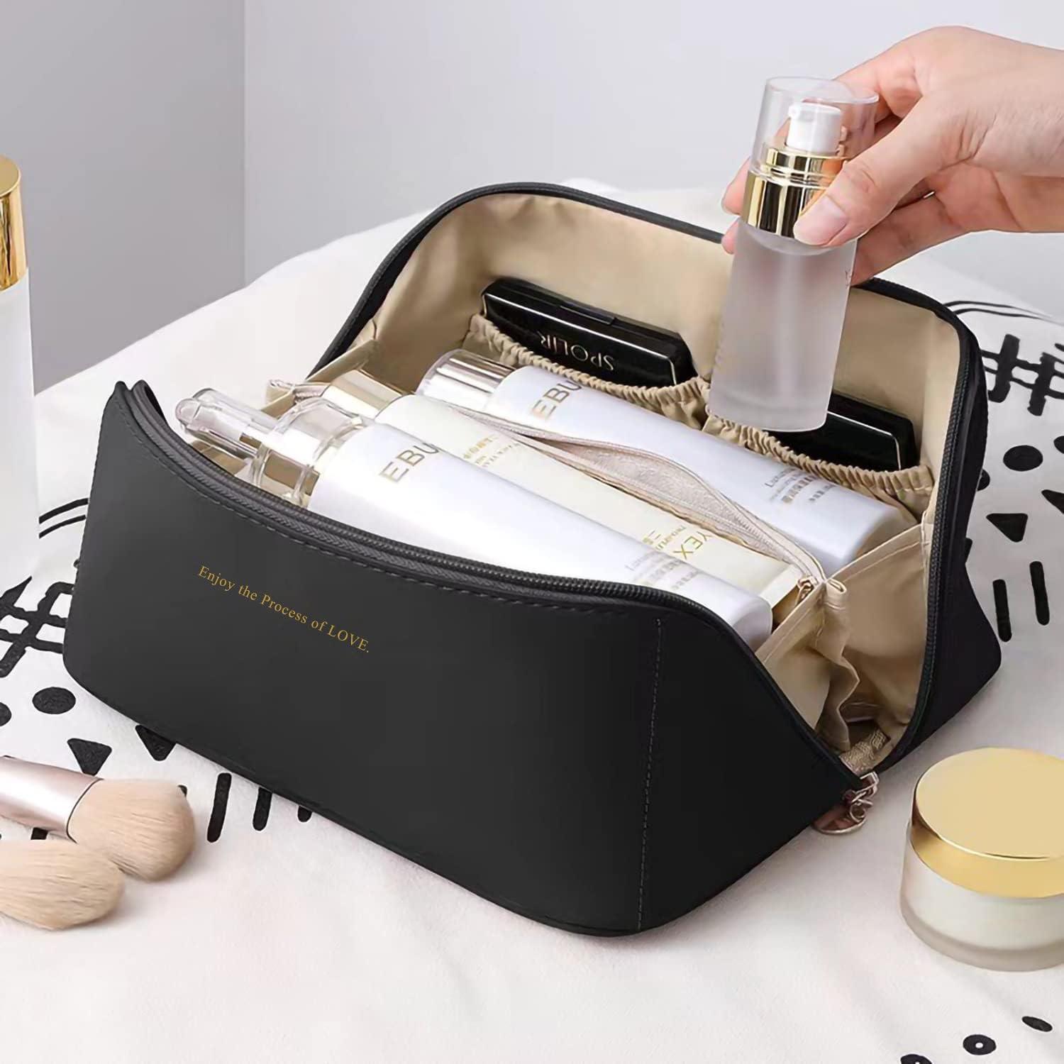 Large-Capacity Travel Make Up Bag Leather Cosmetic Bag Waterproof Portable Cosmetic  Bag Toiletry Bag for Skincare Cosmetics Toiletries With Handle and Divider  