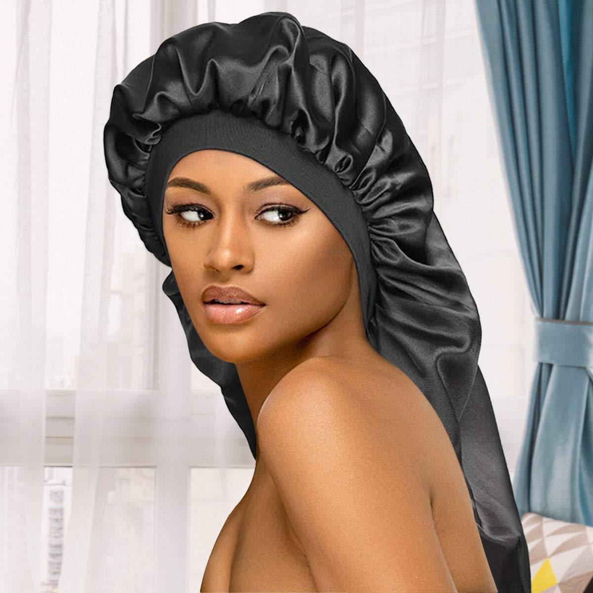 Long Satin Bonnet Sleep Cap Extra Large Silk Sleeping Cap with Wide Elastic  Band Loose Night Hat for Women Braids,Curly Hair,Natural Hair,Very Soft &  Comfortable (Black)