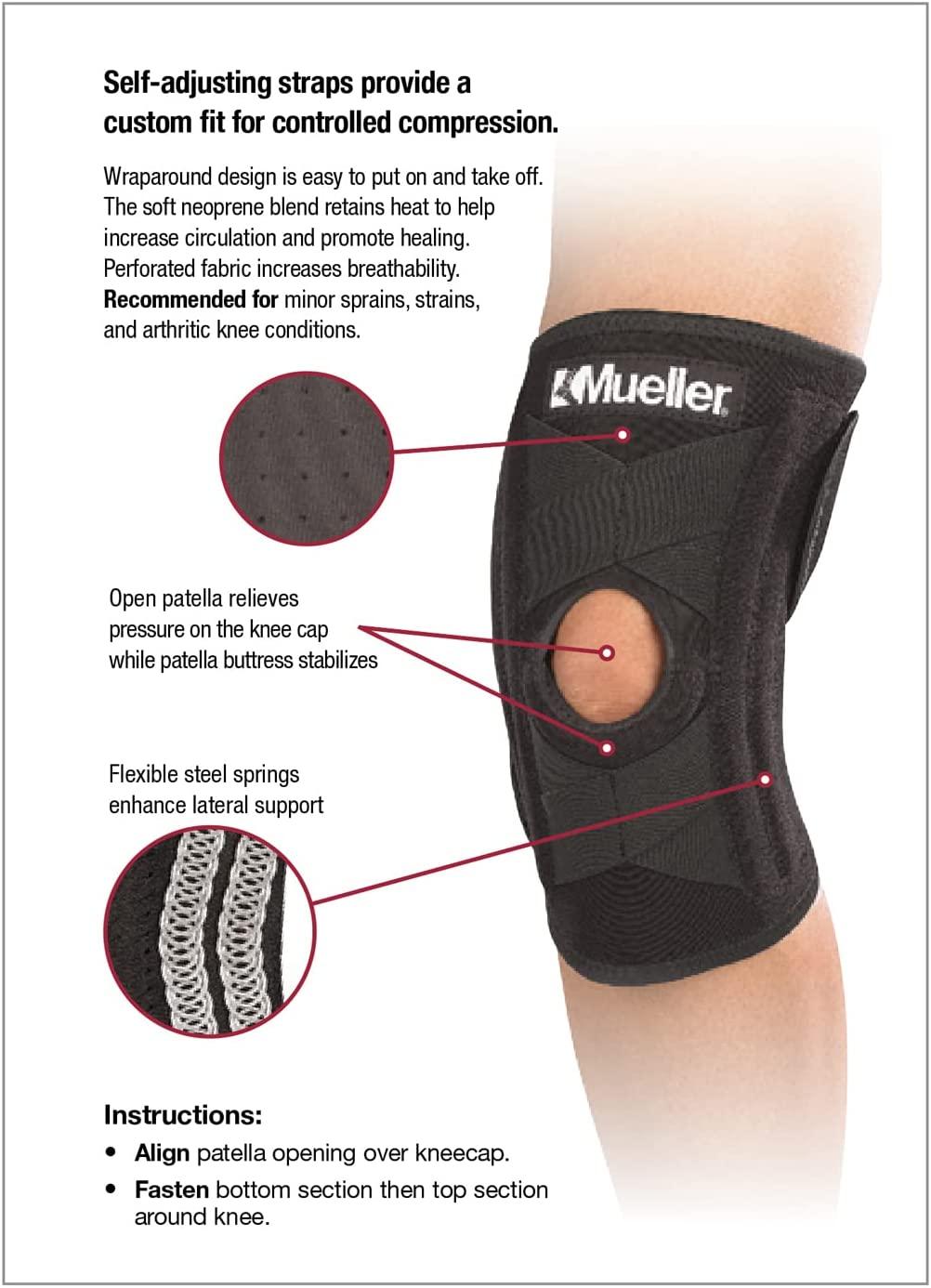 Stabilizzatore Ginocchio Regolabile Mueller Premium, Nero - Supporto Leggero E Confortevole Per Ginocchia Deboli O Doloranti. Design Avvolgente Con Molle In Acciaio Laterali, Cuscinetto Rotula Aperto E Neoprene Traspirante. Taglia Unica Regolabile. - 5