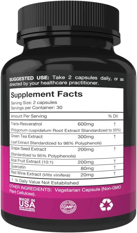 Potent Resveratrol Supplement with Trans Resveratrol, Quercetin, Grape
