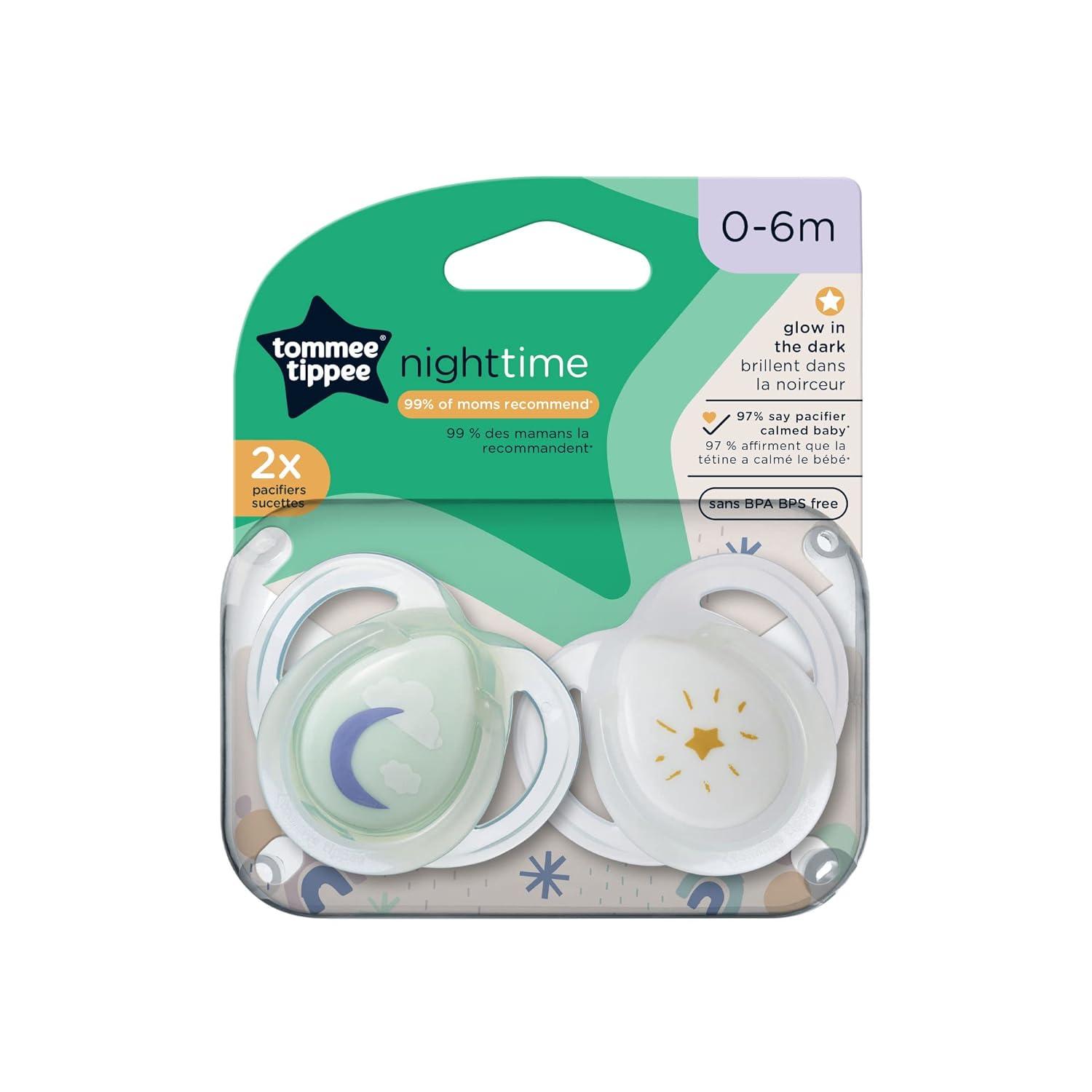 Tommee Tippee Breast-Like Pacifier Night, Glow in The Dark | 0-6m, 2 Pack | Includes Sterilizer Box