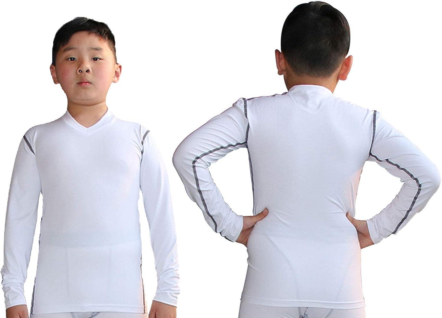 LANBAOSI Boys&Girls Long Sleeve Compression Soccer Practice T-Shirt 5 White  Gray Line