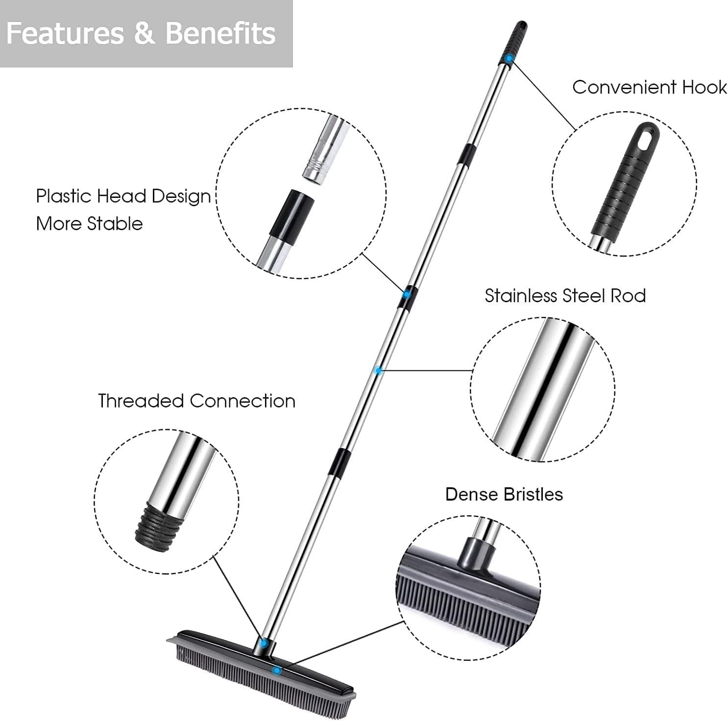 Pet Hair Remover Rubber Broom with Squeegee 59 inches Adjustable Carpet Rake Long Handle Push