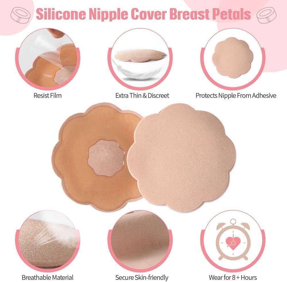 Boob Tape and 2 Pcs Petal Backless Nipple Cover Set, Breathable Breast Lift  Tape Boobytape for Breast Lift Athletic Tape with Silicone Breast Petals  Reusable Adhesive Bra for A-E Cup Large Breast
