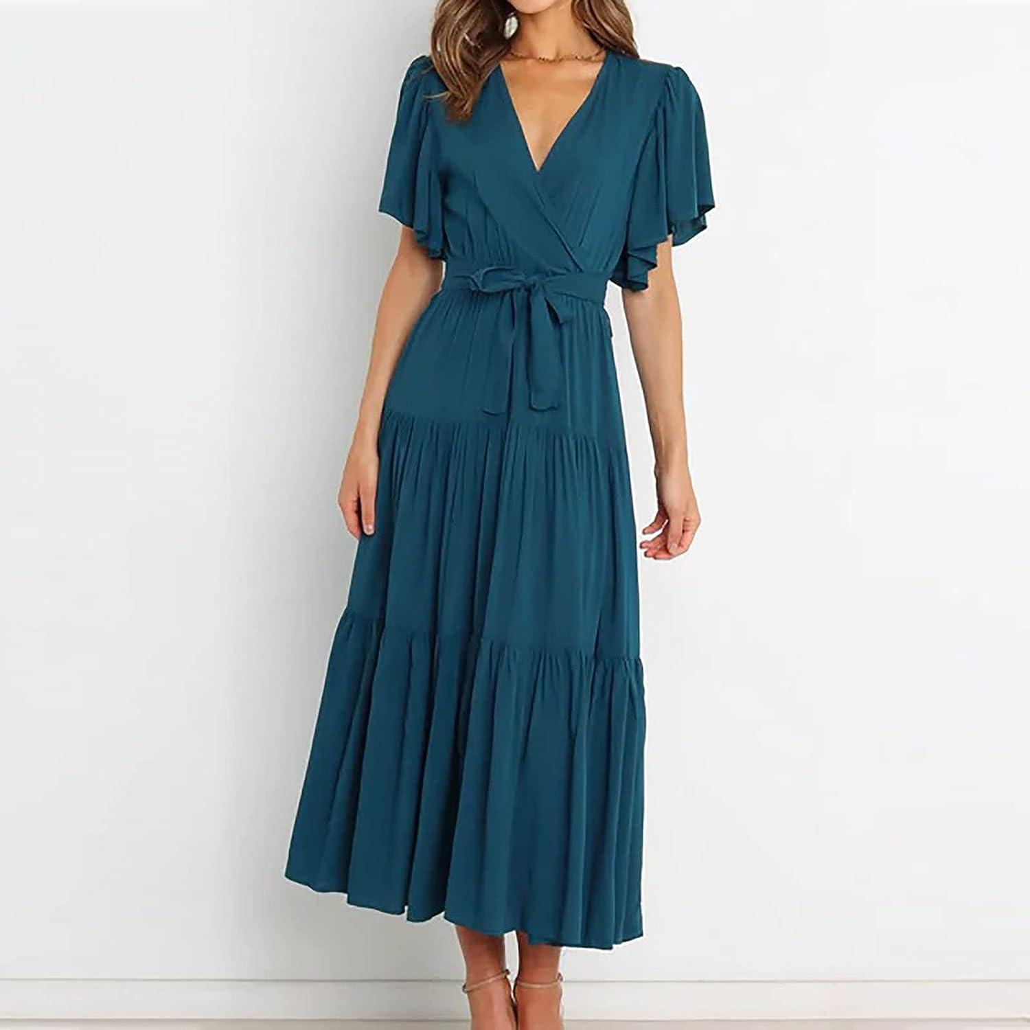 green emerald velvet dress NATHGAM Women's Summer Casual Short Sleeve Dresses Cute Ruffle Sleeve  Square Neck Flowy Pleated Loose Fit Layered Midi Dress Army Green at Amazon  Women's Clothing store main image 0