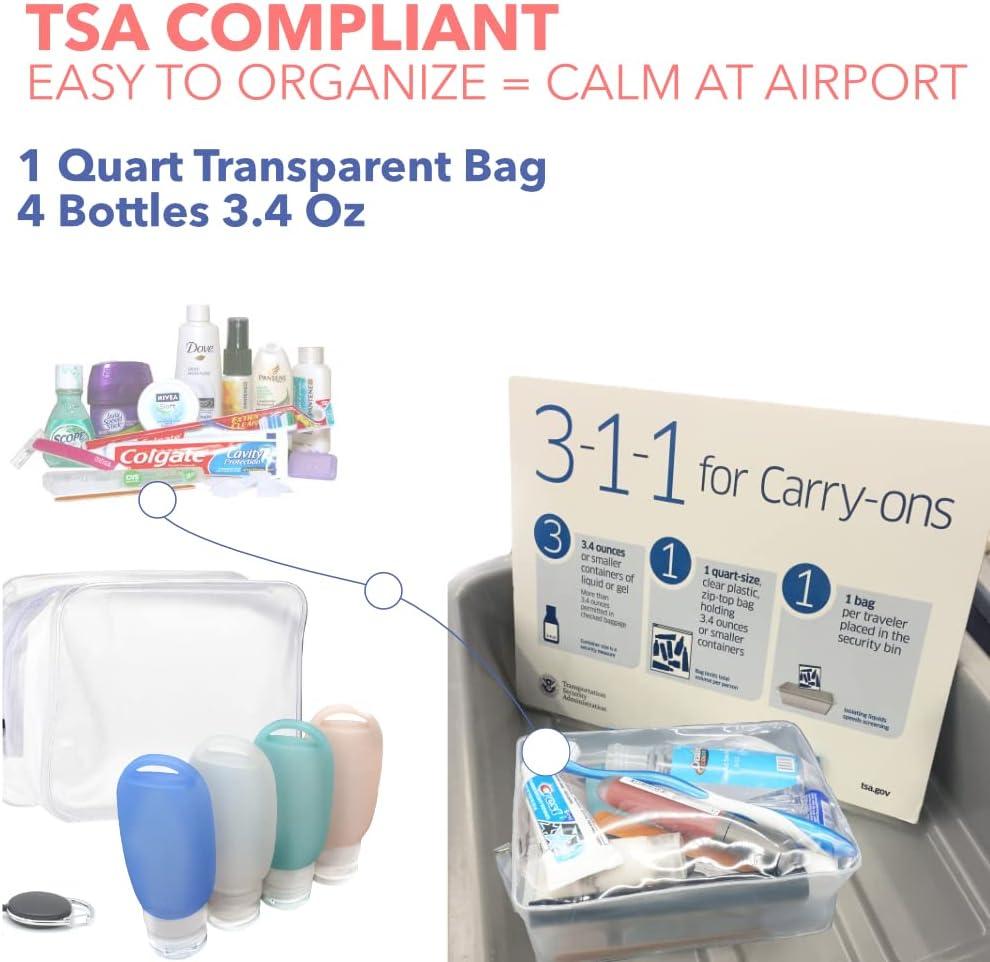 BUENALL Basic Travel Accessories Set: TSA Quart Bag and Bottles. 4  Refillable Silicone Toiletries Tubes Safe for Baby - Leak Proof Lid -  approved for carry on