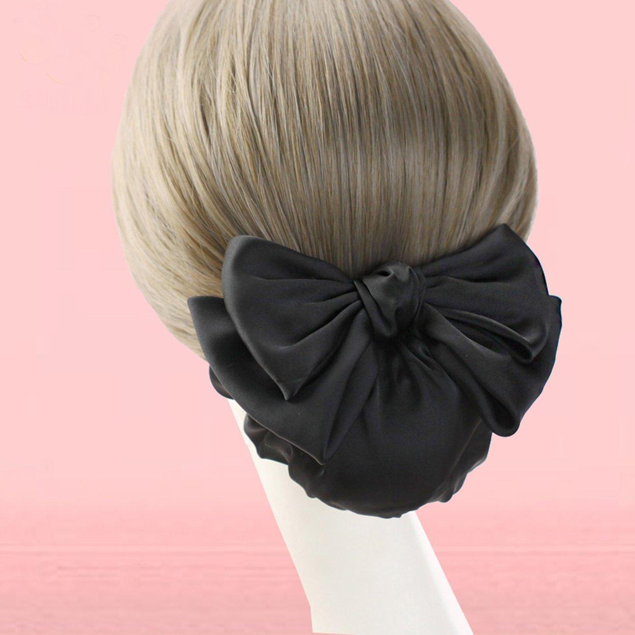 Women Hair Clip Ribbon Barrette with Net Chignon Black Bun Cover