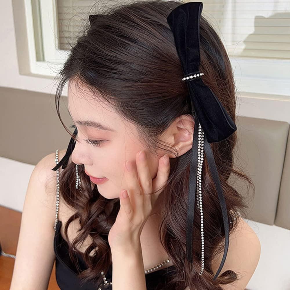 Wiwpar 2PCS Black Velvet Hair Bow Side Clips - Rhinestone