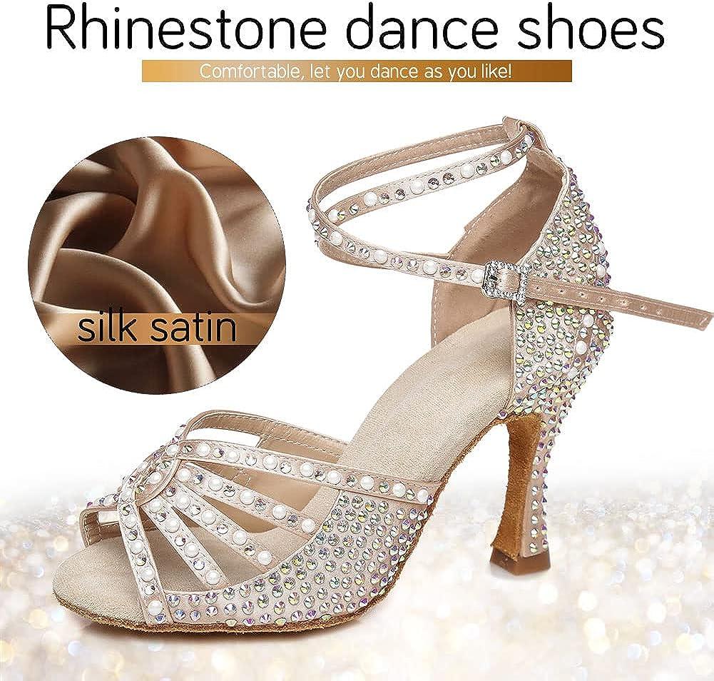 JUODVMP Women's Rhinestone Latin Dance Shoes Satin Ballroom Party
