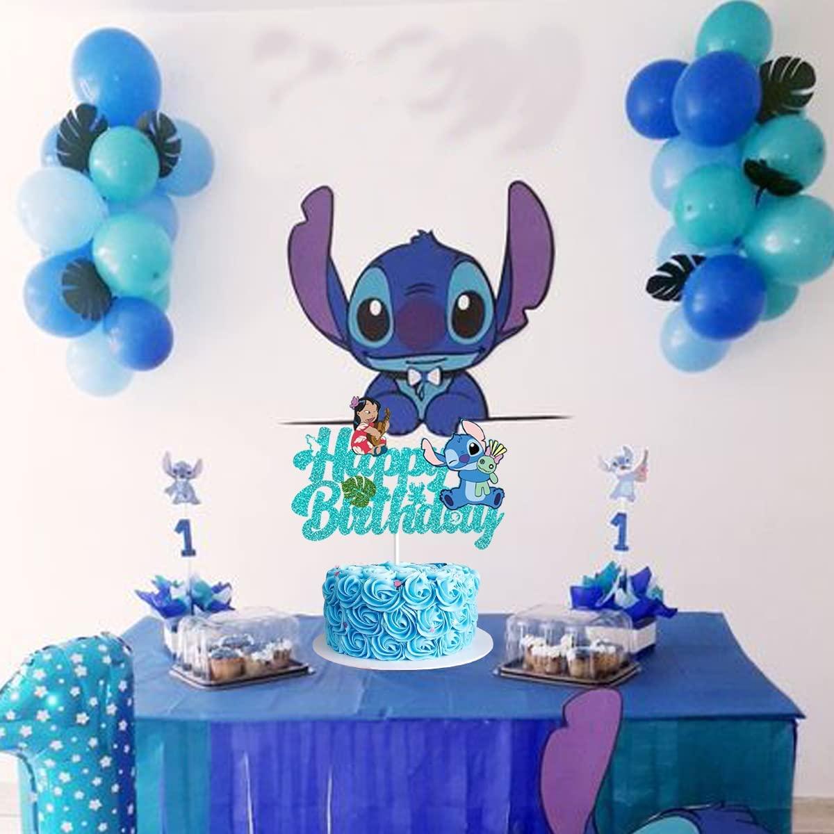 Lilo & Stitch Blue Glitter Cake Topper ​Happy Birthday Decors for Kids  Birthday Party Baby Shower Sign Decorations Double-side