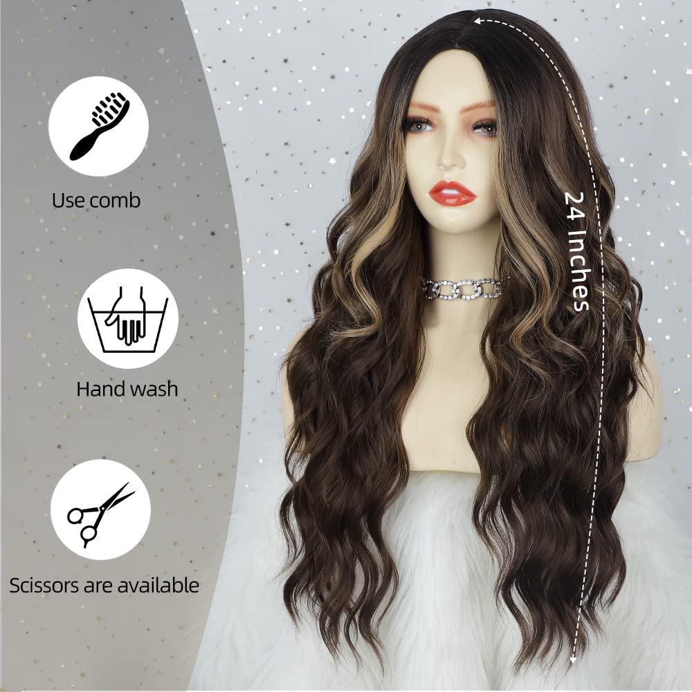 AISI QUEENS Long Brown Wigs for Women, Wavy Wig with Highlights Synthetic  Middle Part Heat Resistant Fiber Wigs for Daily Party Use 24 Inches 24 Inch  Brown Highlights