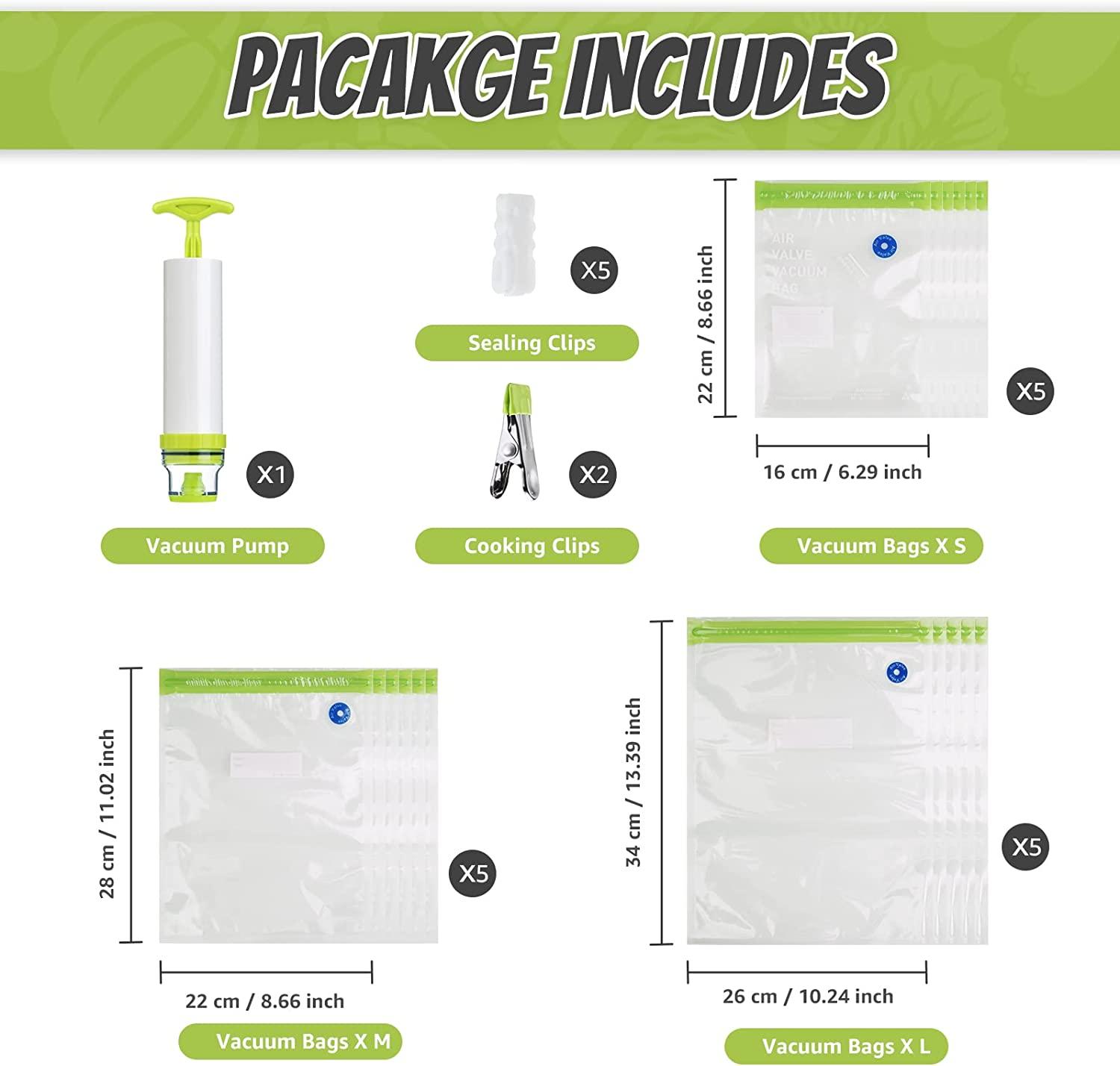 Sous Vide Bags 20pack Kit,Daarcin 3 Sizes Sous Vide Bag Kit with Pump-15  BPA Free Reusable Vacuum Sealer Bags-1 Hand Pump-2 Zipper Clips-2 Clamps  for