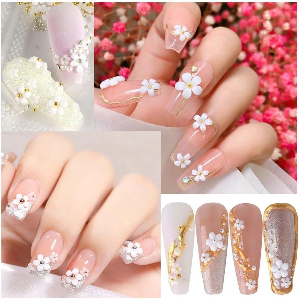 3D Flower Nail Art Charms 250pcs White Flowers Nail Rhinestones Kit 3D  Crystal Nail Pearls Flat Design Acrylic Nail Art Studs Manicures Nail  Accessories for Women Girls