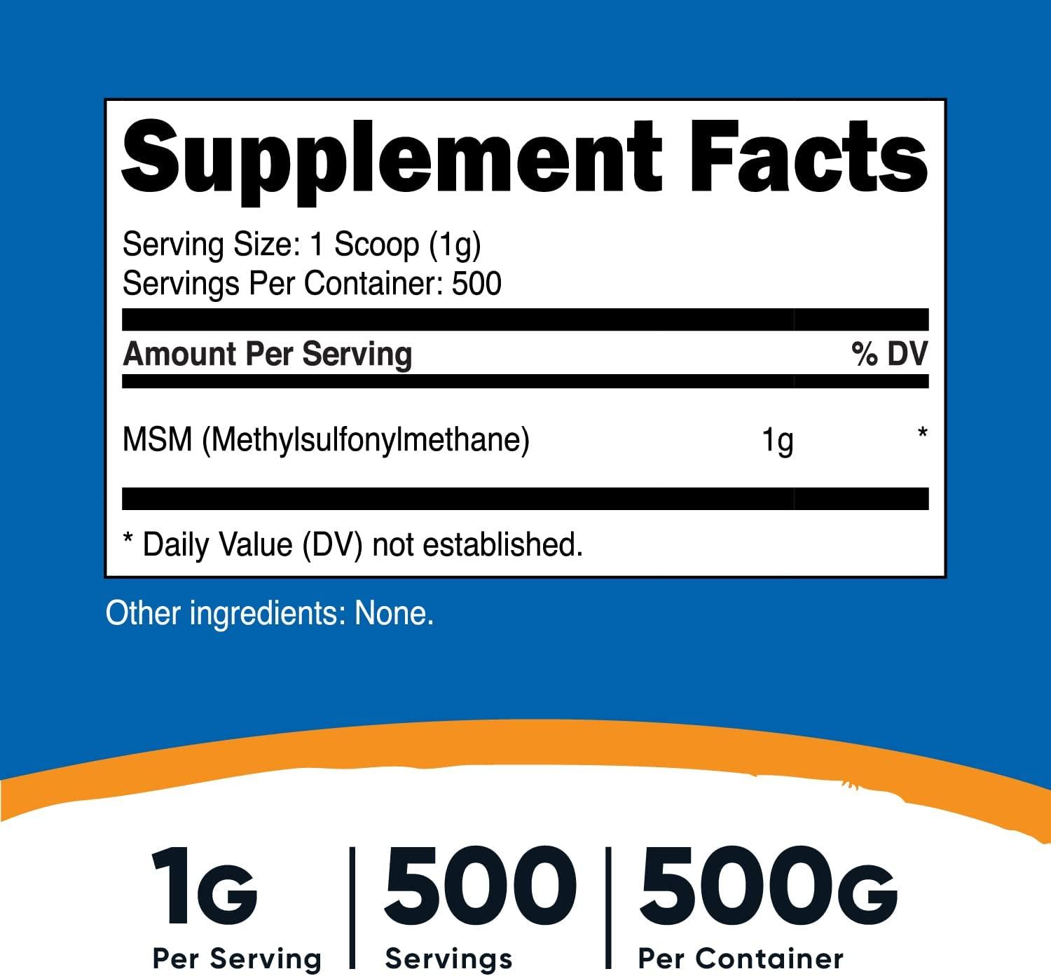 Nutricost Pure MSM Powder 500g (1.10lb) Methylsulfonylmethane Supplement