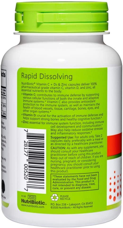 NutriBiotic Immunity Vitamin C + D3 & Zinc 100 Capsules