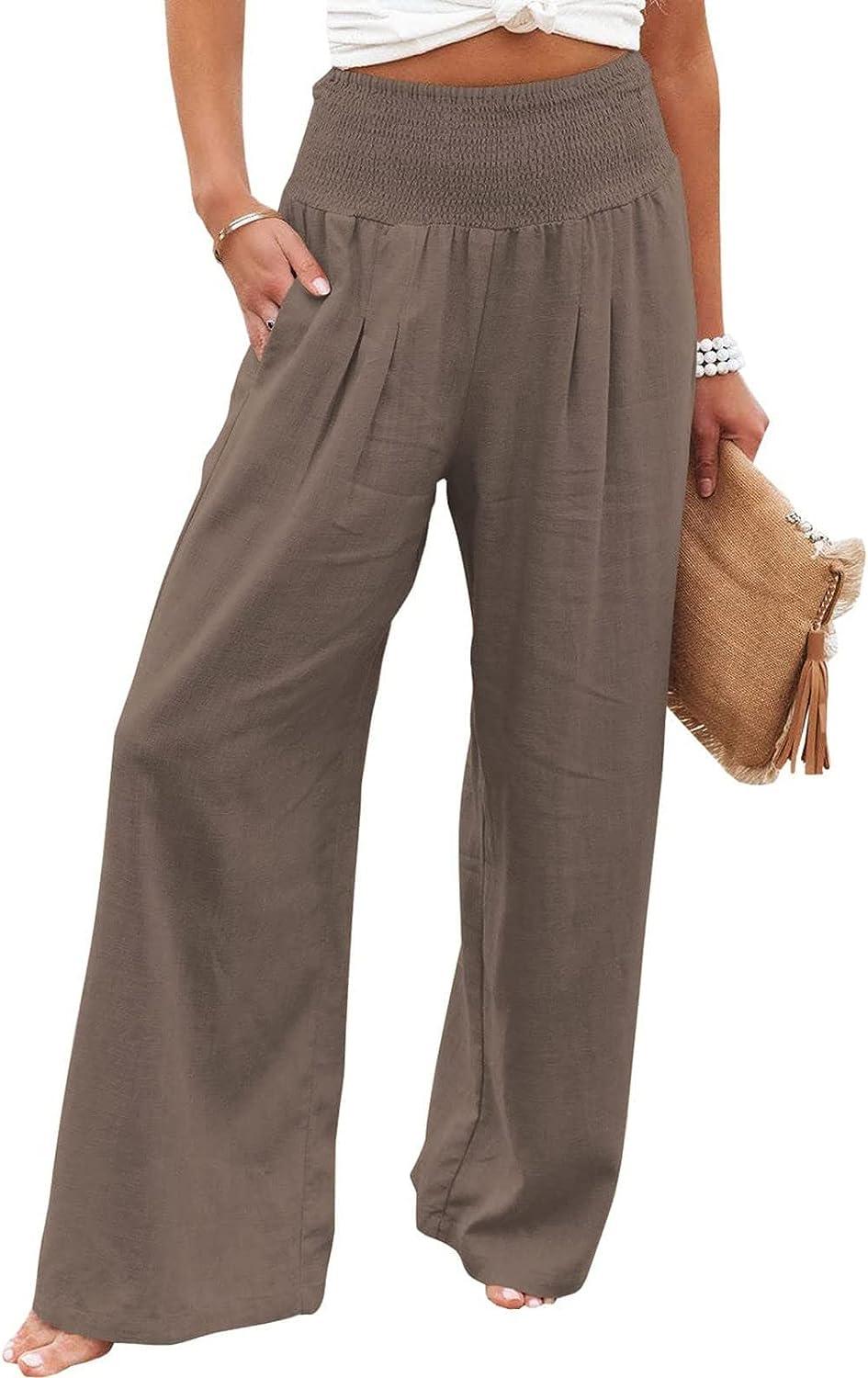 Womens Summer Linen Pants Lightweight Casual Wide Leg Pants Solid Color  Drawstring Elastic Waist Loose Long Trousers