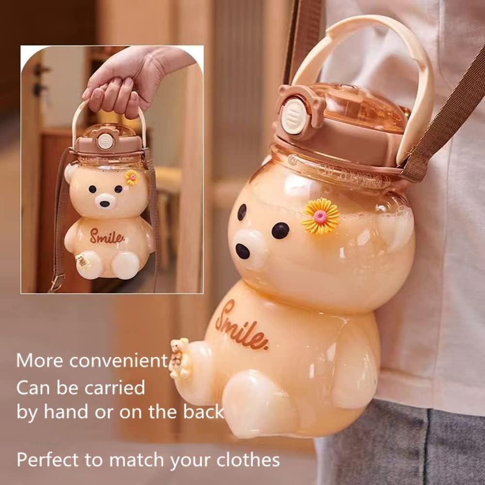 Cute Bear Water Bottle with Straw Handle & Adjustable Strap 1000ml Pink