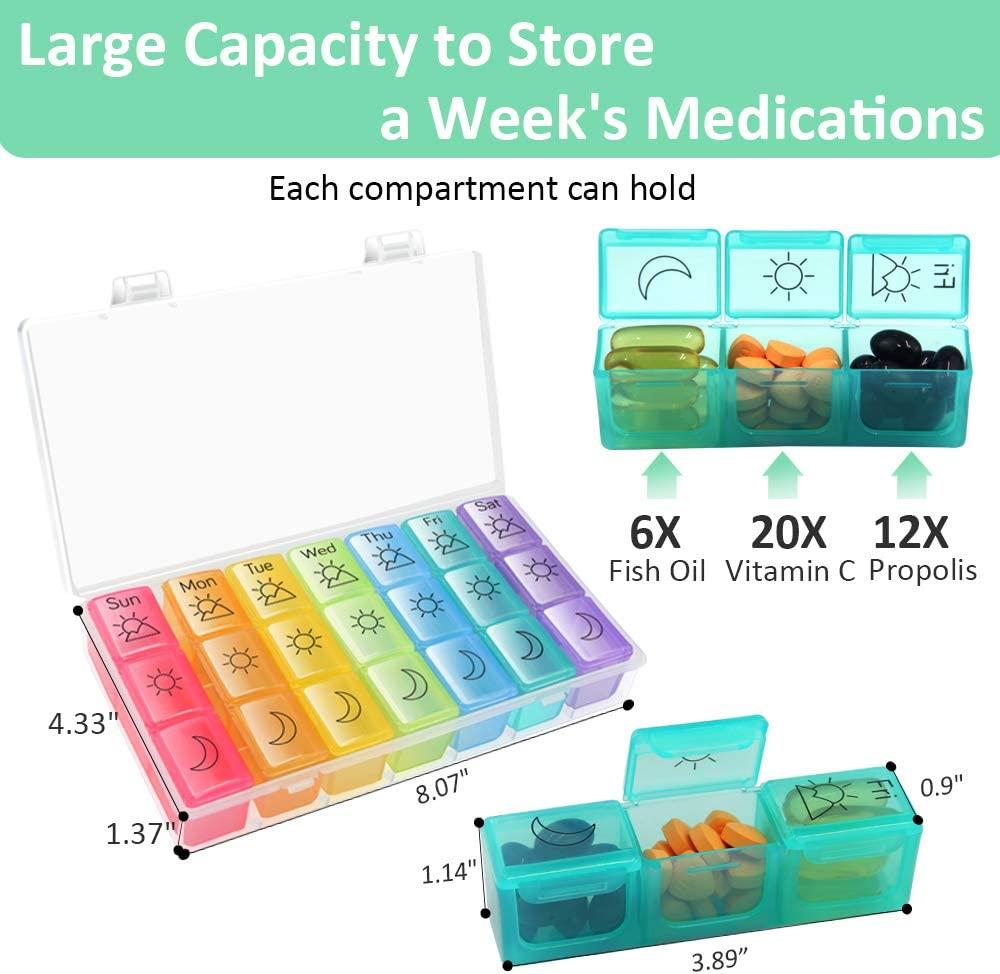 Weekly Pill Organizer 3 Times a Day with Travel Bag, Tnvee Large Portable  Travel Medicine Box Case for Vitamin/Fish Oil/Pills/Supplements （Palm）