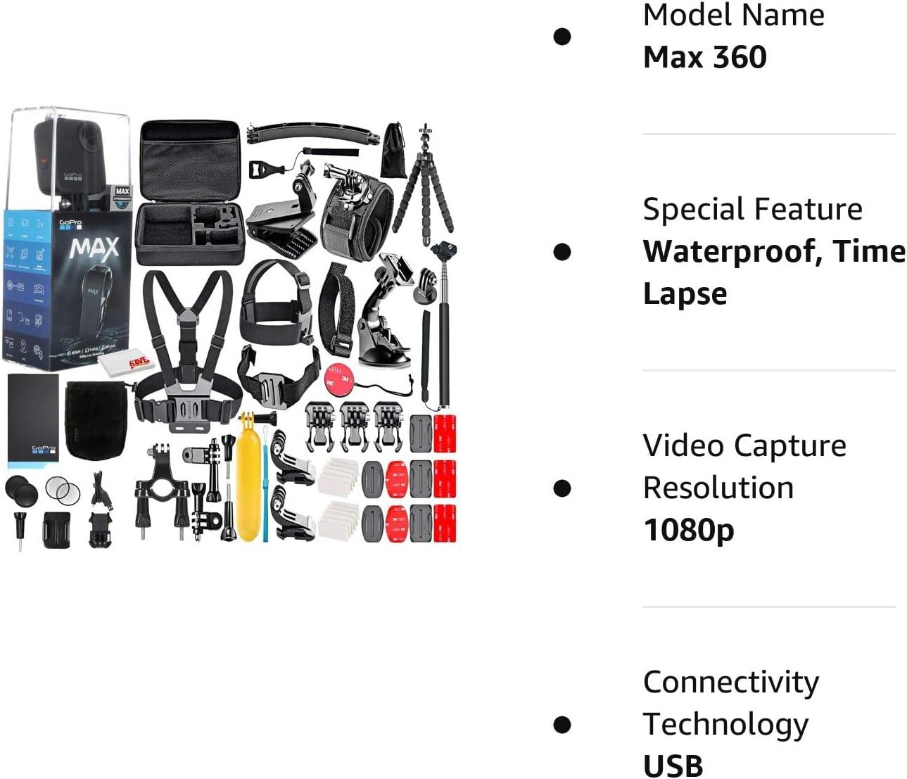 GoPro MAX 360 Waterproof Action Camera -with 50 Piece Accessory Kit ,Touch  Screen - Spherical 5.6K30 HD Video - 16.6MP 360 Photos - 1080p Live  Streaming Stabilization - All You Need