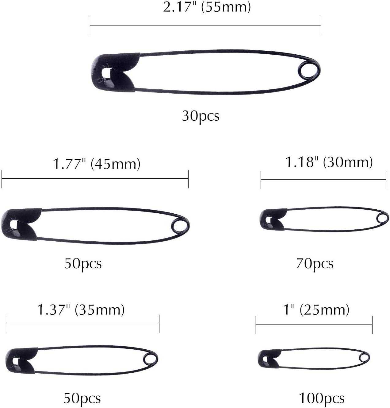 TUPARKA 5 Sizes Black Safety Pins Assorted 2555mm Small and Large
