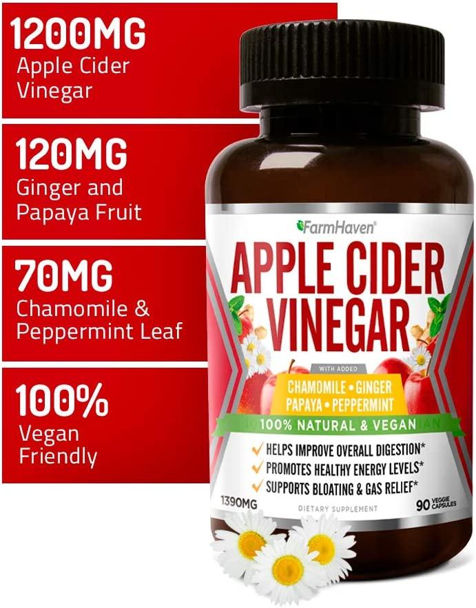Apple Cider Vinegar Capsules With Ginger, Papaya & Chamomile 1390mg Improves Digestion