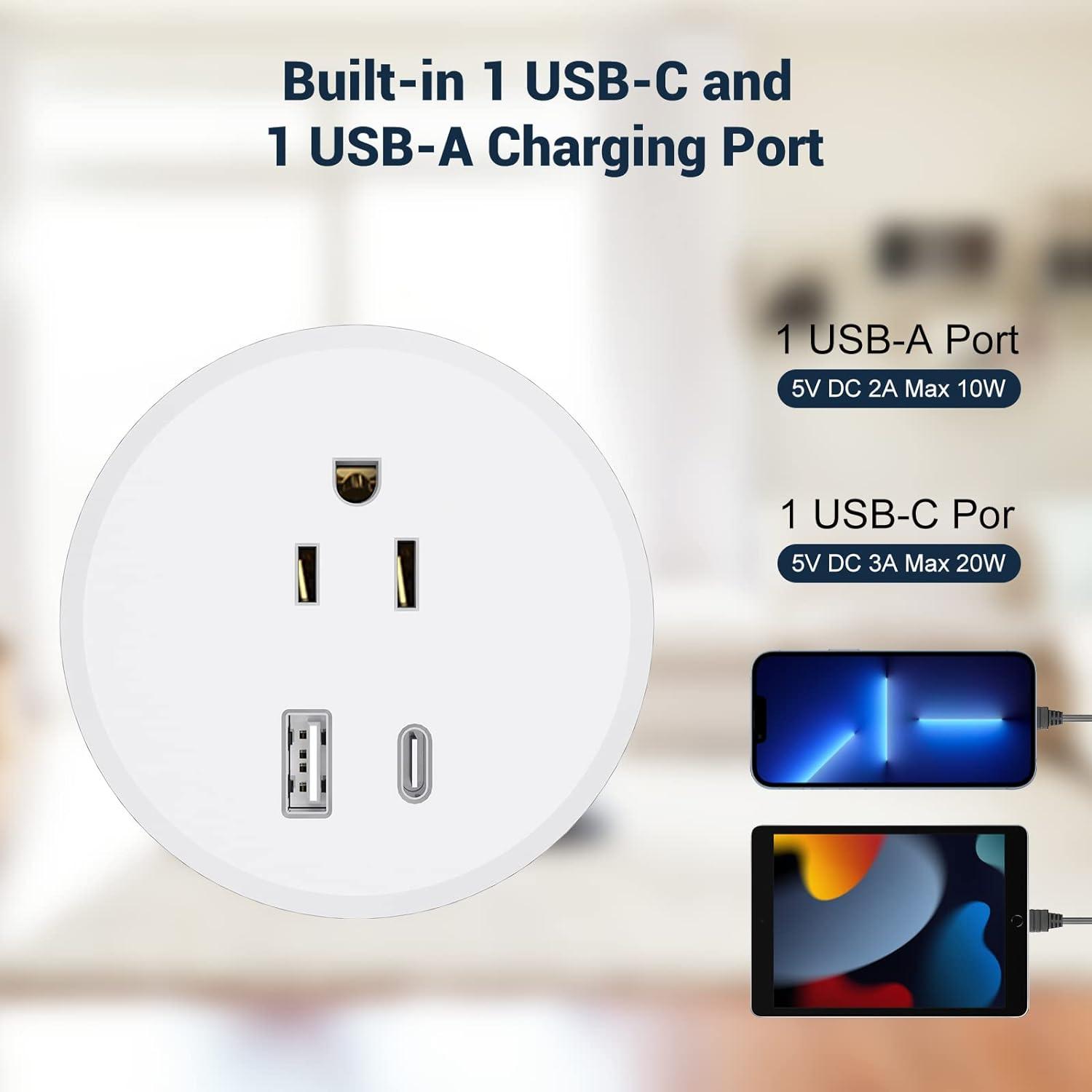 Desk Power Grommet with PD 20W USB C Port Recessed Power Desk Outlet with 1 AC  Plugs and 2 USB Ports Flush Mount Grommet Power for Furniture Office Desk  6.56 FT Flat