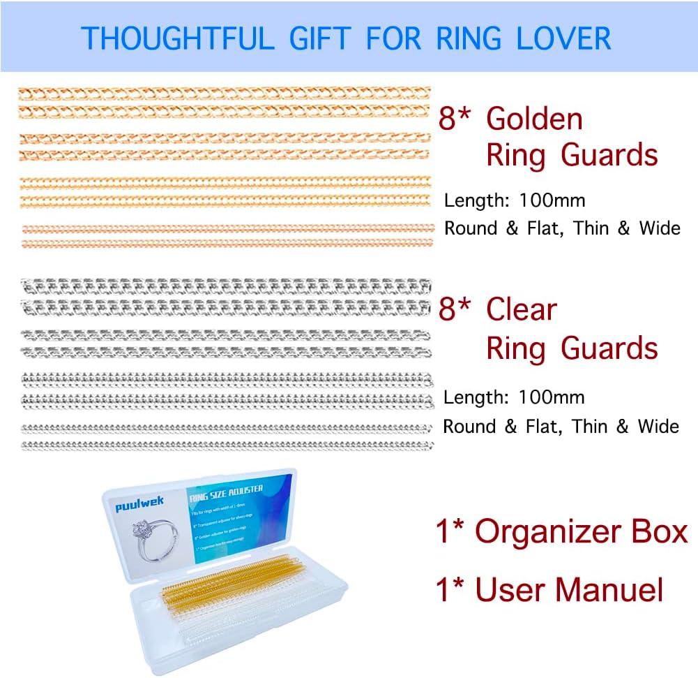 Ring Sizer Adjuster for Loose Rings Golden and Clear, 16pcs*100mm 4 Sizes  Round & Flat Spiral, Invisible Ring Guards, Silicone Ring Tightener, Ring  Size Adjuster for Women Men Rings with Organizer Box