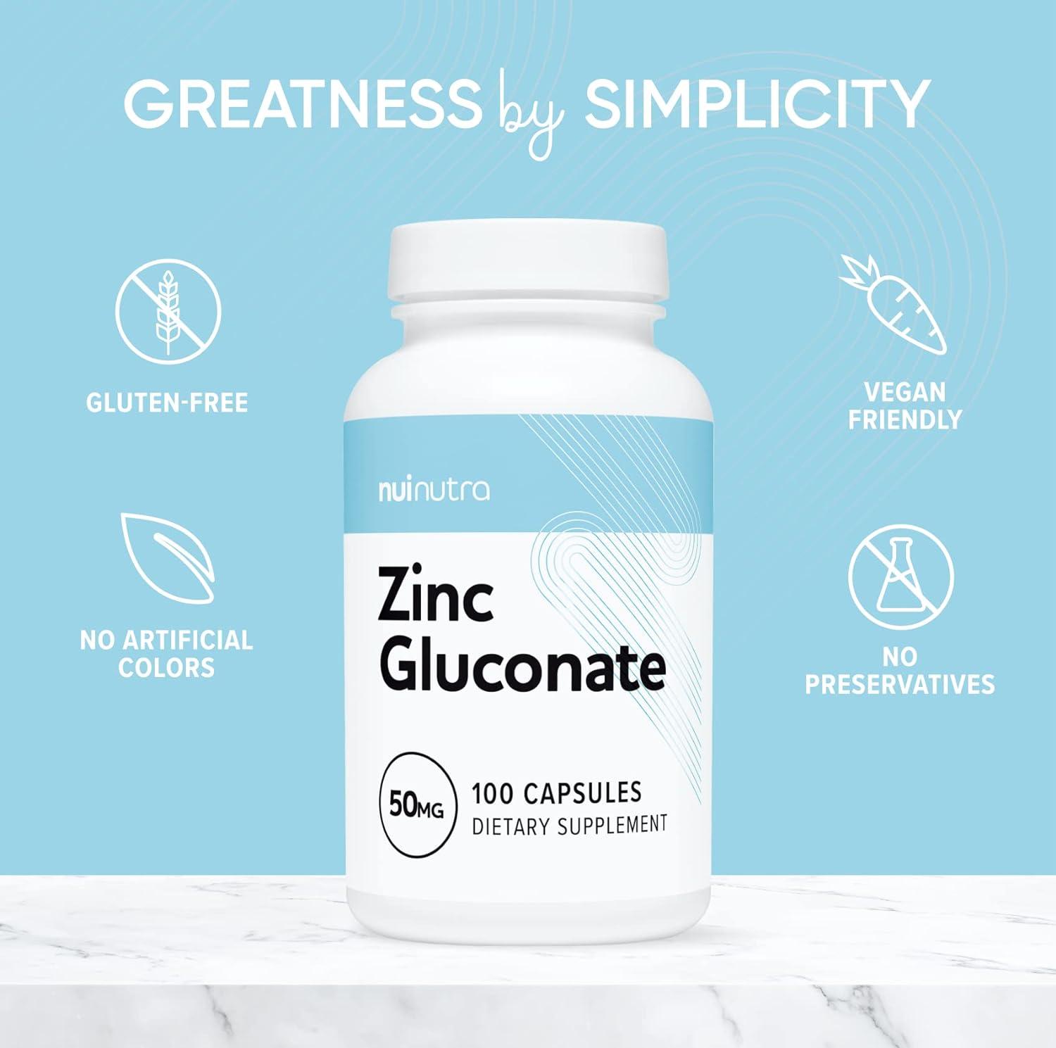 Nui Nutra Zinc Gluconate Supplement 50mg 100 Capsules