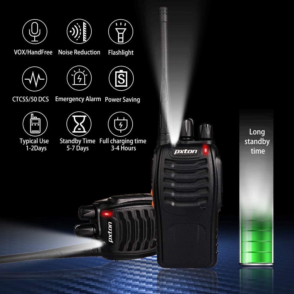 pxton Walkie Talkies Rechargeable Long Range Two-Way Radios with  Earpieces,2-Way Radios UHF Handheld Transceiver Walky Talky with Flashlight  Li-ion Battery and Charger(2 Pack)