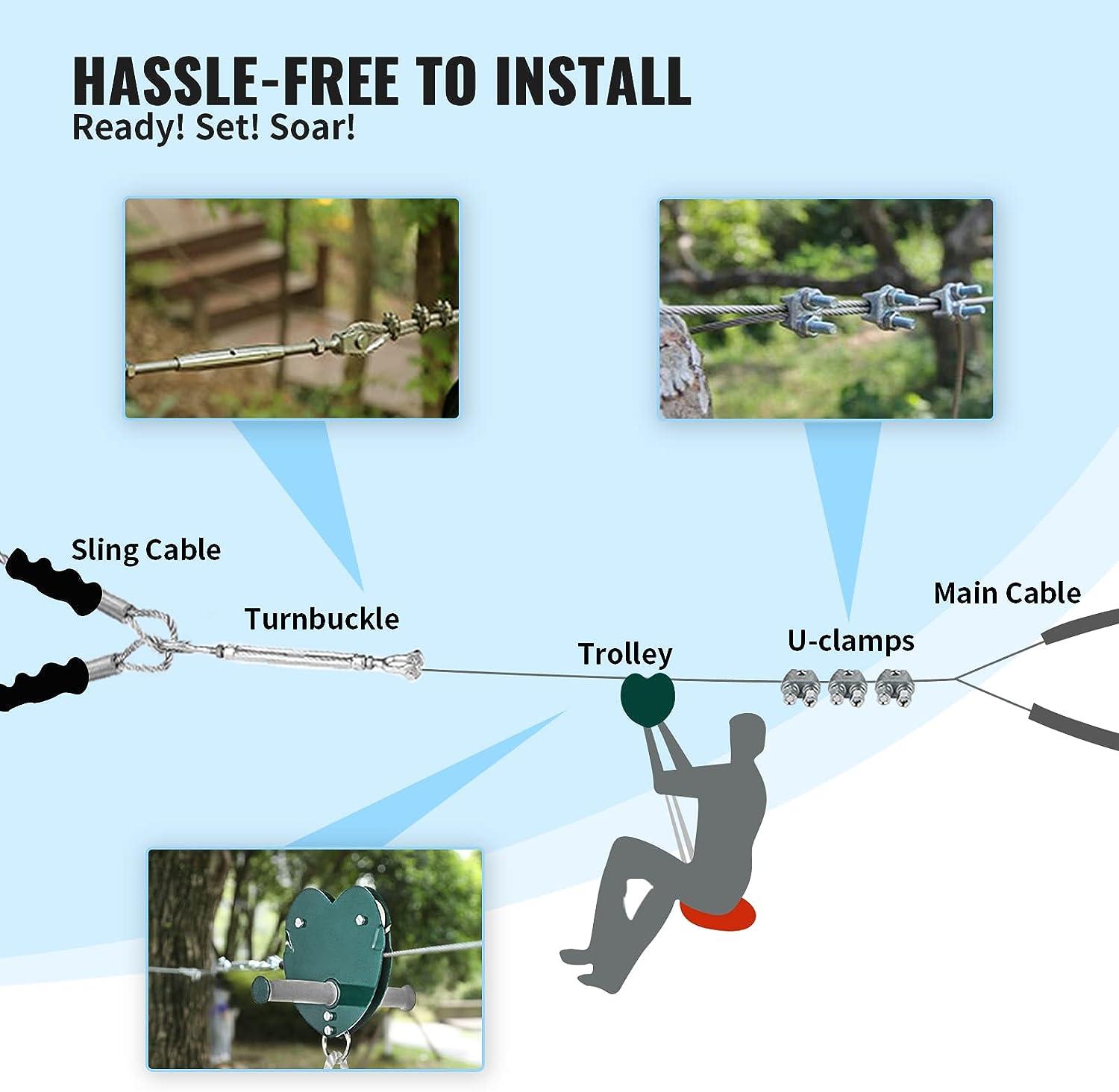 Happybuy 100 feet Zip Line Kit Kids Adult Zip Line Trolley Slackers Zip